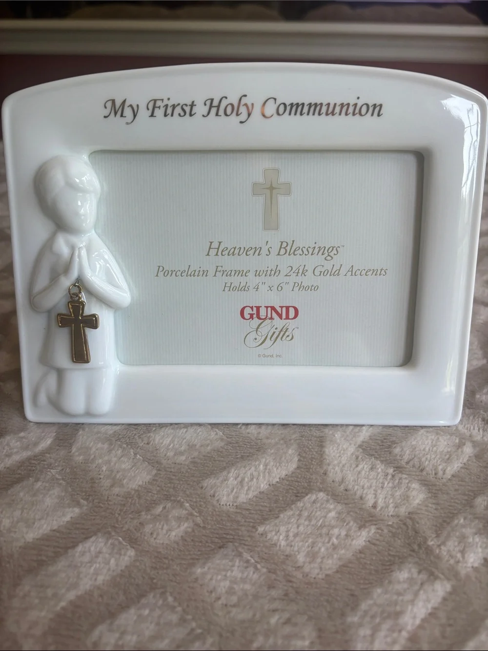 GUND White Porcelain First Holy Communion Frame with Gold Cross Accent